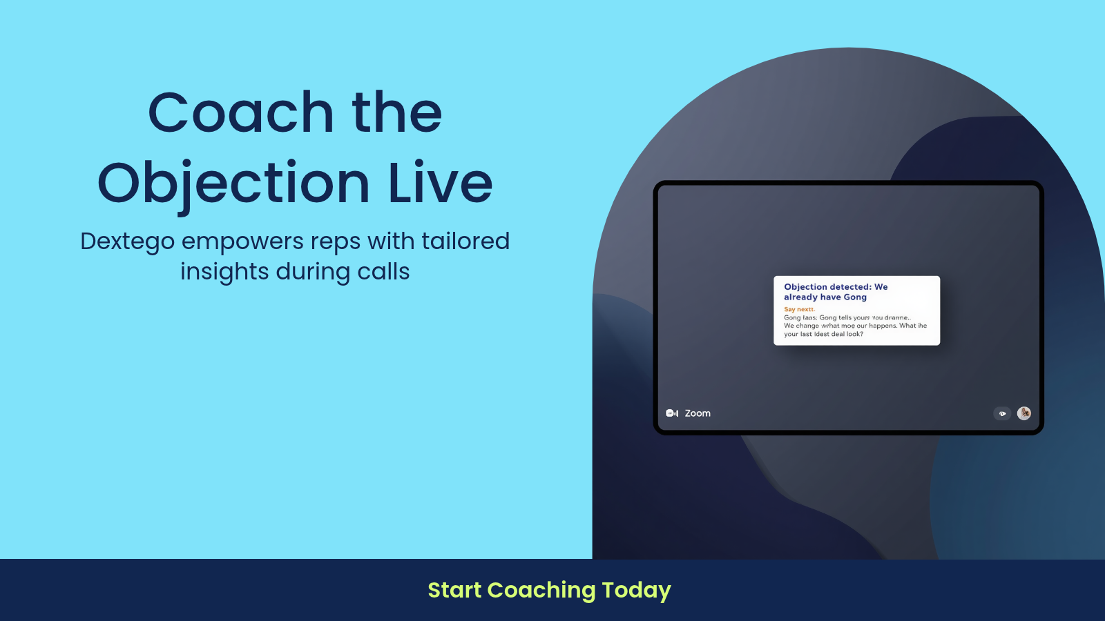Dextego live coaching widget detecting a buyer objection and suggesting a tailored response