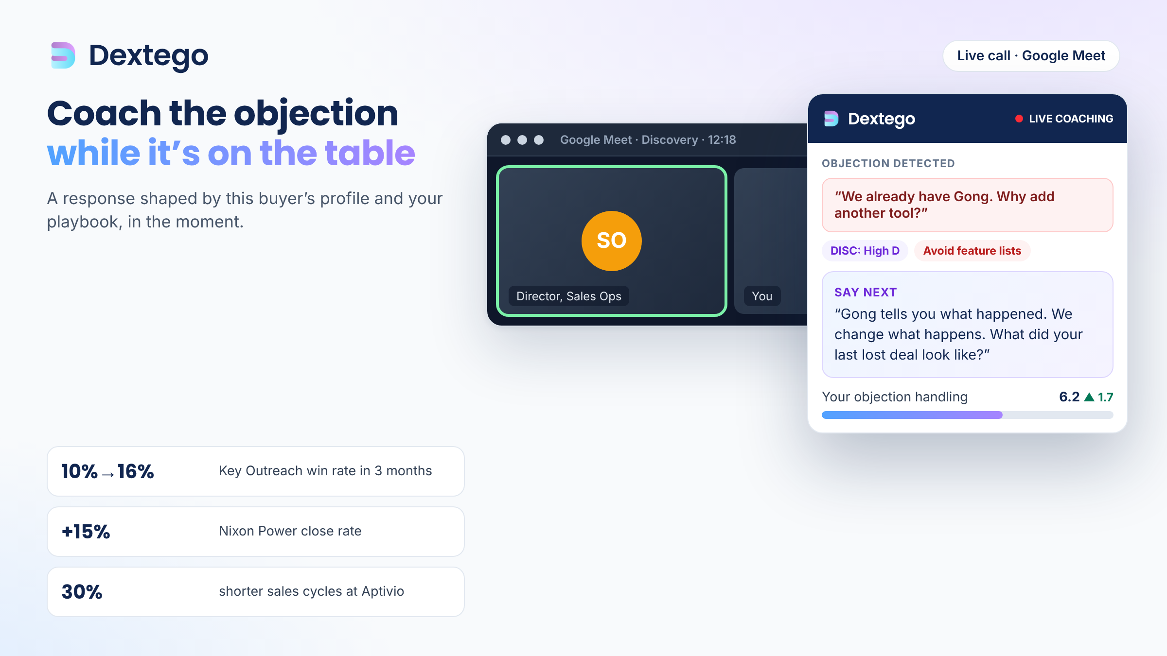 Dextego live coaching widget on Google Meet detecting the objection we already have Gong and suggesting a tailored response